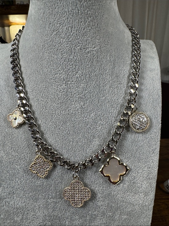 Jewelry - Silver Tone Charm Necklace with Crystal Pave’ and Mother-of-Pearl Accents